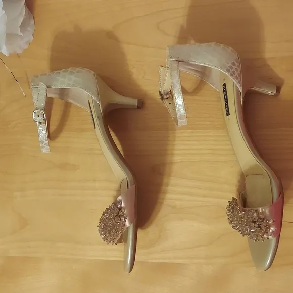 Alex Marie Champagne Beaded Animal Print Leather Ankle Strap Heels Size 6.5