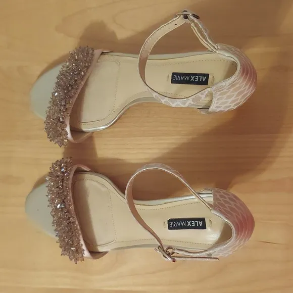 Alex Marie Champagne Beaded Animal Print Leather Ankle Strap Heels Size 6.5