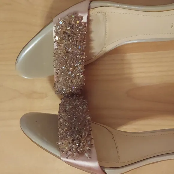 Alex Marie Champagne Beaded Animal Print Leather Ankle Strap Heels Size 6.5