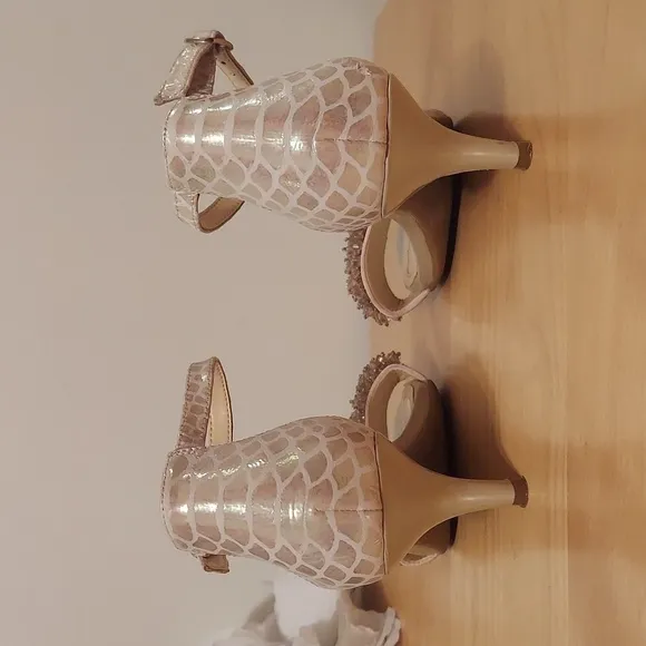 Alex Marie Champagne Beaded Animal Print Leather Ankle Strap Heels Size 6.5