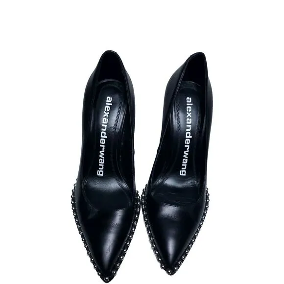 Alexander Wang black Rie Calf silver studded pointed heels Sz 38 Box Withou Lid