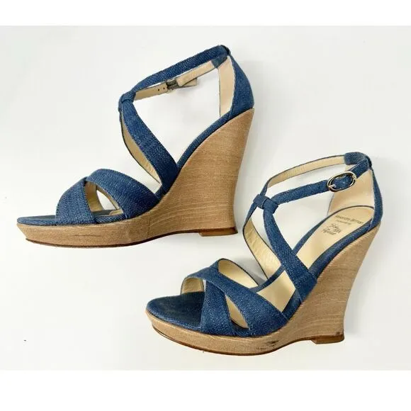 Alexandre Birman Strappy Denim Wedge Sandals Blue Size 7