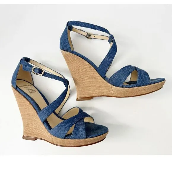 Alexandre Birman Strappy Denim Wedge Sandals Blue Size 7