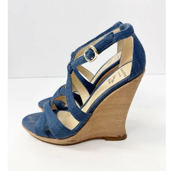 Alexandre Birman Strappy Denim Wedge Sandals Blue Size 7