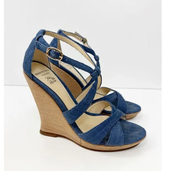 Alexandre Birman Strappy Denim Wedge Sandals Blue Size 7