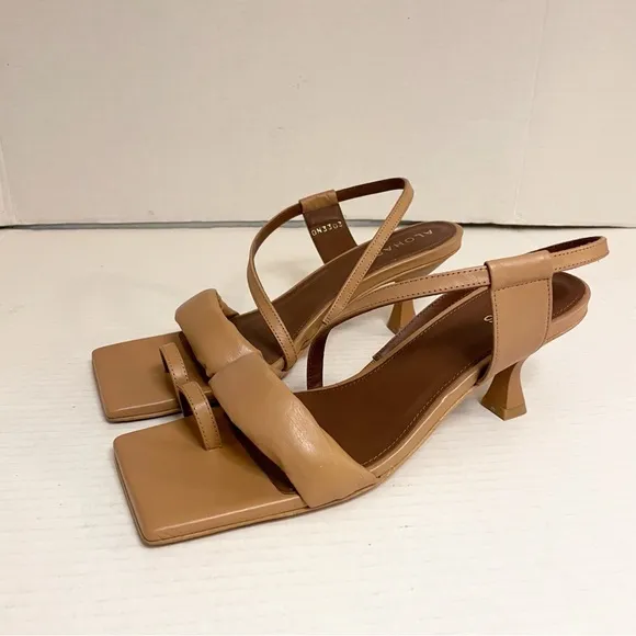 Alohas Asymmetrical Strappy Leather Sandal Heels in Camel Brown Tan