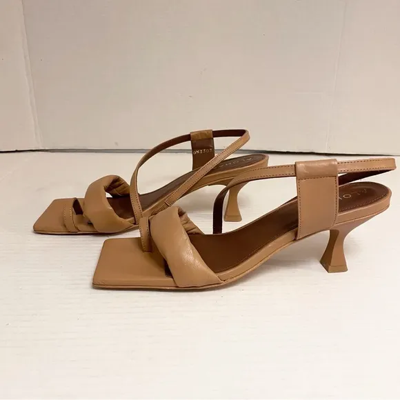 Alohas Asymmetrical Strappy Leather Sandal Heels in Camel Brown Tan