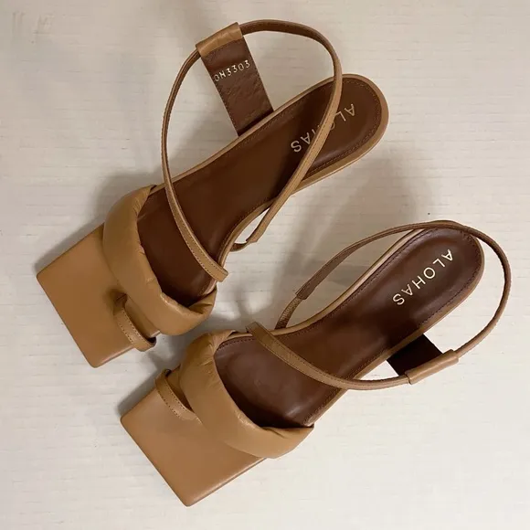 Alohas Asymmetrical Strappy Leather Sandal Heels in Camel Brown Tan