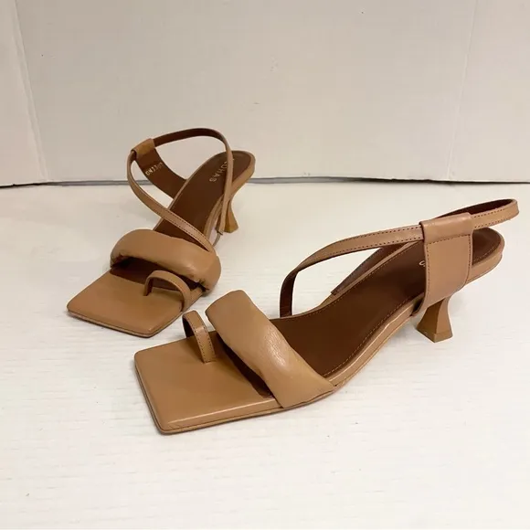 Alohas Asymmetrical Strappy Leather Sandal Heels in Camel Brown Tan