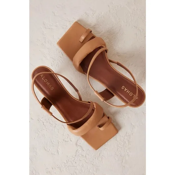 Alohas Asymmetrical Strappy Leather Sandal Heels in Camel Brown Tan