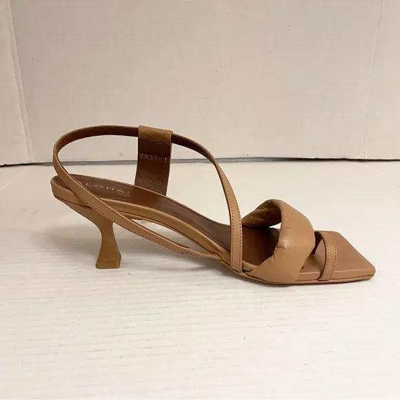 Alohas Asymmetrical Strappy Leather Sandal Heels in Camel Brown Tan