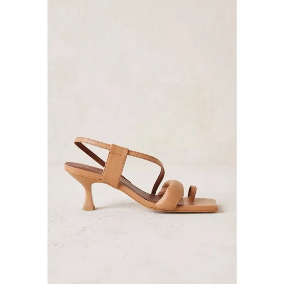 Alohas Asymmetrical Strappy Leather Sandal Heels in Camel Brown Tan