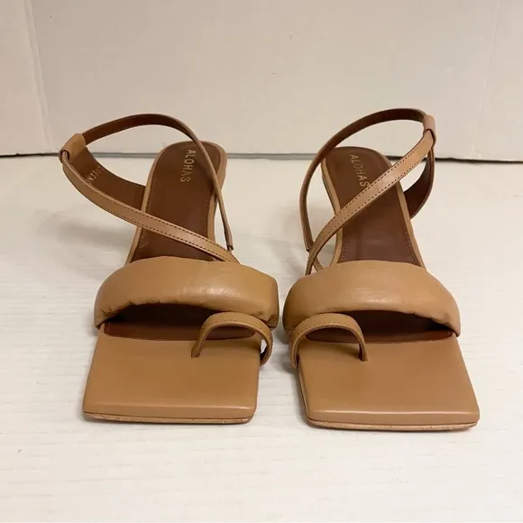 Alohas Asymmetrical Strappy Leather Sandal Heels in Camel Brown Tan