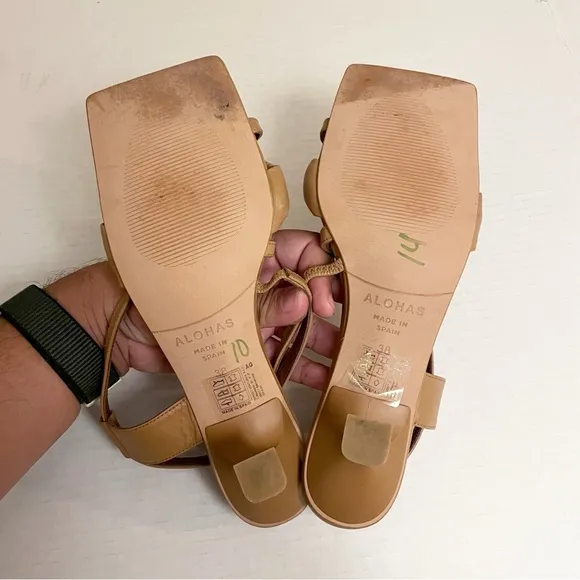 Alohas Asymmetrical Strappy Leather Sandal Heels in Camel Brown Tan
