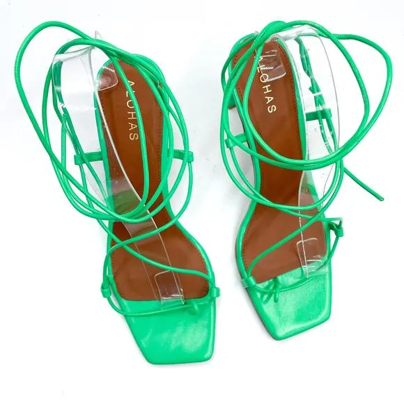 Alohas Bellini Neon Green Sandals Leather Strappy Heels Square Toe 39 EU / 8 US