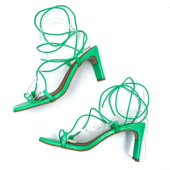 Alohas Bellini Neon Green Sandals Leather Strappy Heels Square Toe 39 EU / 8 US