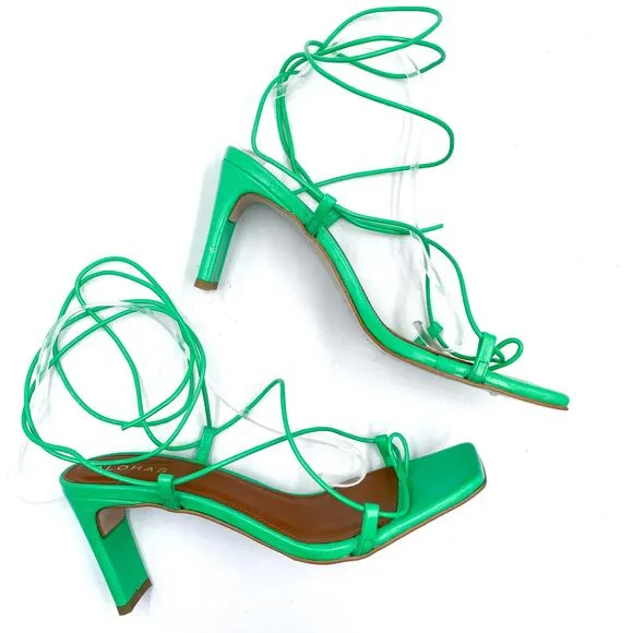 Alohas Bellini Neon Green Sandals Leather Strappy Heels Square Toe 39 EU / 8 US