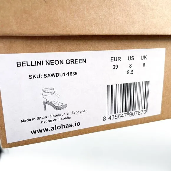 Alohas Bellini Neon Green Sandals Leather Strappy Heels Square Toe 39 EU / 8 US