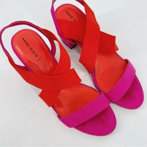 Anne Klein Ressa Fuschia Orange Strappy Chunky Block Heel Sandals Shoes 9