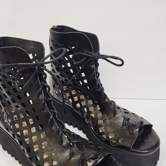anthropologie ALL BLACK OT Perf Flatform Camper Shoes Open Toe  Lace Up 6.5