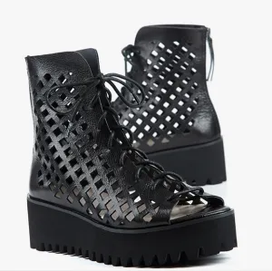 anthropologie ALL BLACK OT Perf Flatform Camper Shoes Open Toe  Lace Up 6.5