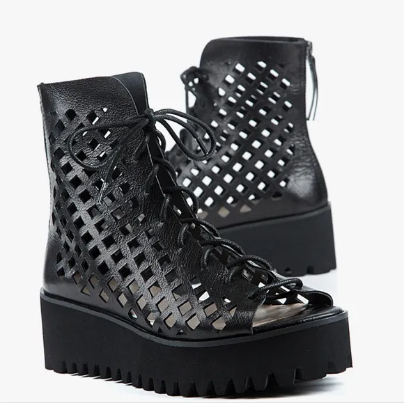 anthropologie ALL BLACK OT Perf Flatform Camper Shoes Open Toe  Lace Up 6.5