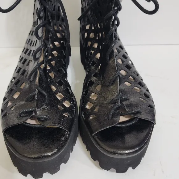 anthropologie ALL BLACK OT Perf Flatform Camper Shoes Open Toe  Lace Up 6.5