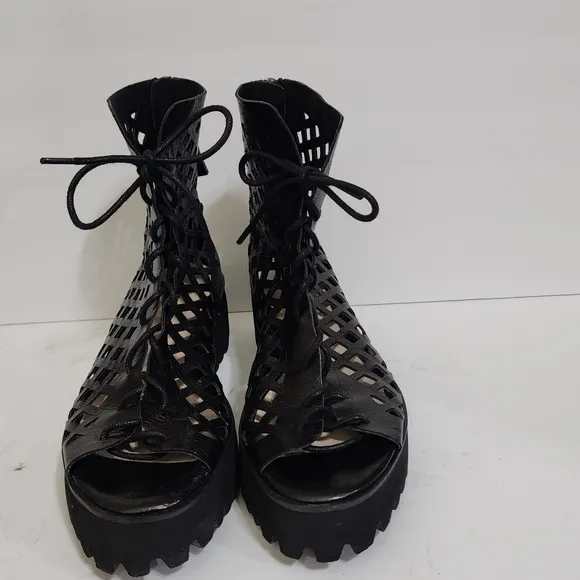 anthropologie ALL BLACK OT Perf Flatform Camper Shoes Open Toe  Lace Up 6.5