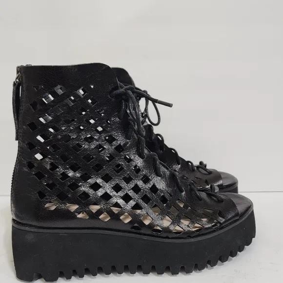 anthropologie ALL BLACK OT Perf Flatform Camper Shoes Open Toe  Lace Up 6.5