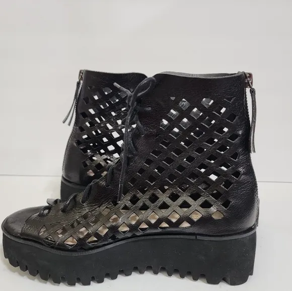 anthropologie ALL BLACK OT Perf Flatform Camper Shoes Open Toe  Lace Up 6.5