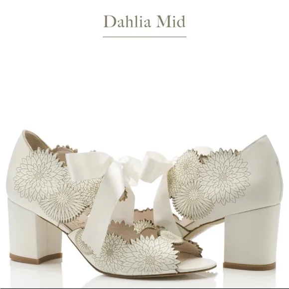 Anthropologie BHLDN Harriet Wilde Dahlia Ivory Floral Wedding Shoes Block Heel 9