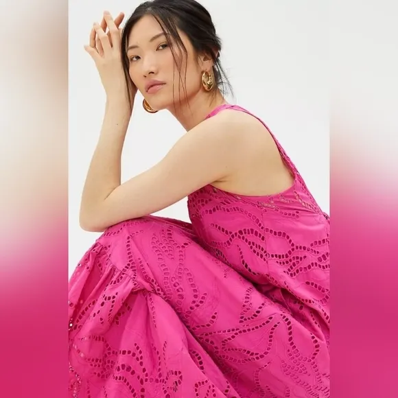 ANTHROPOLOGIE by MAEVE Belrose Eyelet Maxi Dress Barbie Pink Dress Size XS