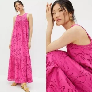ANTHROPOLOGIE by MAEVE Belrose Eyelet Maxi Dress Barbie Pink Dress Size XS