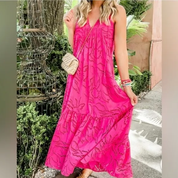 ANTHROPOLOGIE by MAEVE Belrose Eyelet Maxi Dress Barbie Pink Dress Size XS