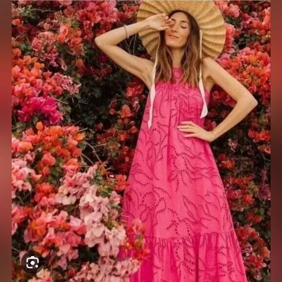 ANTHROPOLOGIE by MAEVE Belrose Eyelet Maxi Dress Barbie Pink Dress Size XS