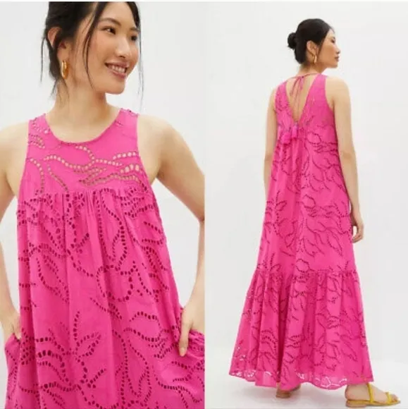 ANTHROPOLOGIE by MAEVE Belrose Eyelet Maxi Dress Barbie Pink Dress Size XS