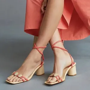 ANTHROPOLOGIE Schutz Hina Coral Daisy Strappy Square Toe Block Heel Sandals 9