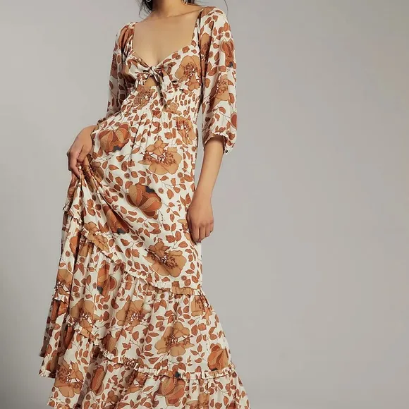 Anthropologie Tiered Floral Maxi Floral Dress Sweetheart Keyhole Bohemian S