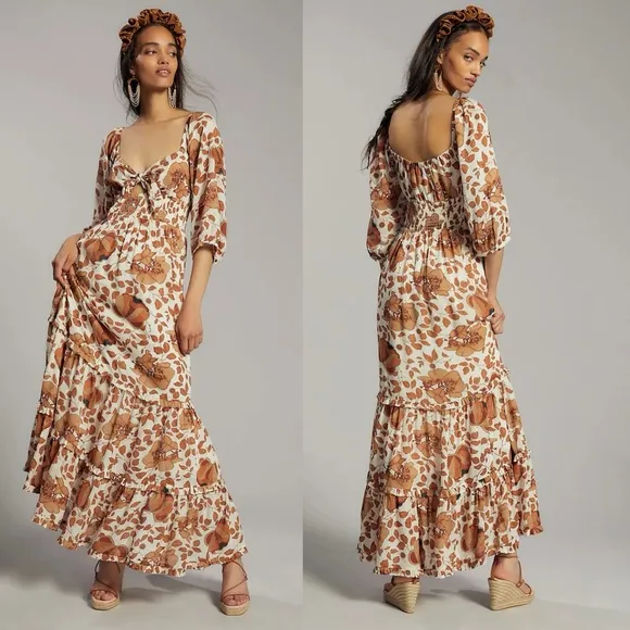 Anthropologie Tiered Floral Maxi Floral Dress Sweetheart Keyhole Bohemian S