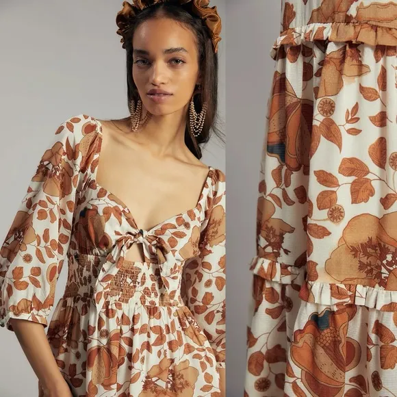 Anthropologie Tiered Floral Maxi Floral Dress Sweetheart Keyhole Bohemian S