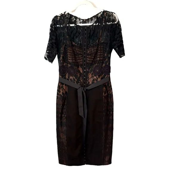 Anthropology Byron Lars Beguile Black Carissima Floral Lace Sheath Dress Sz 6