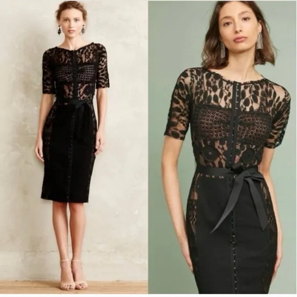 Anthropology Byron Lars Beguile Black Carissima Floral Lace Sheath Dress Sz 6