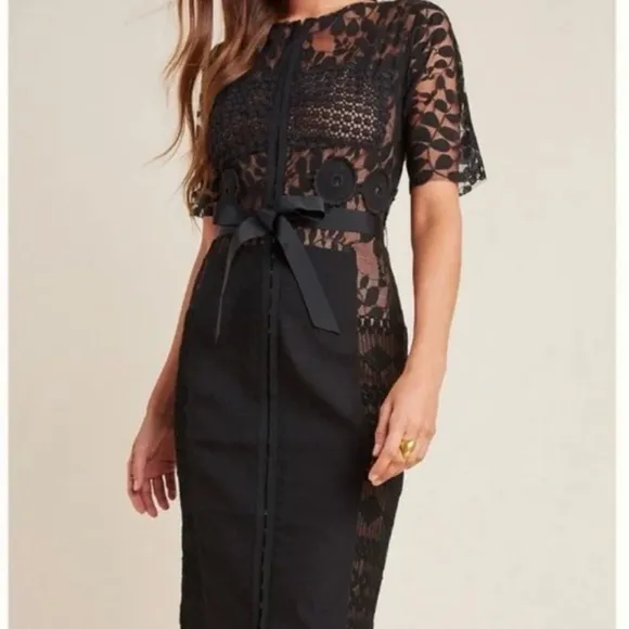 Anthropology Byron Lars Beguile Black Carissima Floral Lace Sheath Dress Sz 6