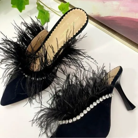 Antonio Melani x Nicola Bathie Liz Ostrich Feathers Rhinestone Suede Dress Mules