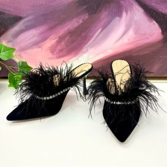 Antonio Melani x Nicola Bathie Liz Ostrich Feathers Rhinestone Suede Dress Mules
