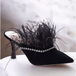 Antonio Melani x Nicola Bathie Liz Ostrich Feathers Rhinestone Suede Dress Mules