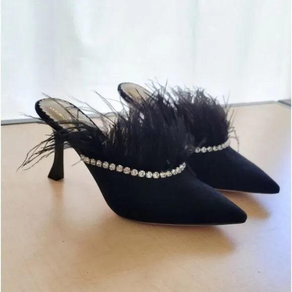 Antonio Melani x Nicola Bathie Liz Ostrich Feathers Rhinestone Suede Dress Mules