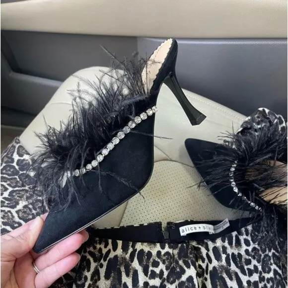 Antonio Melani x Nicola Bathie Liz Ostrich Feathers Rhinestone Suede Dress Mules