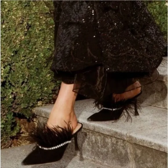 Antonio Melani x Nicola Bathie Liz Ostrich Feathers Rhinestone Suede Dress Mules