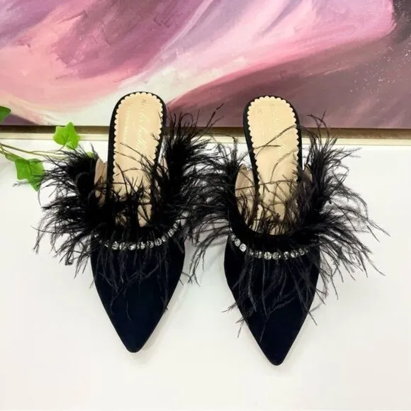 Antonio Melani x Nicola Bathie Liz Ostrich Feathers Rhinestone Suede Dress Mules
